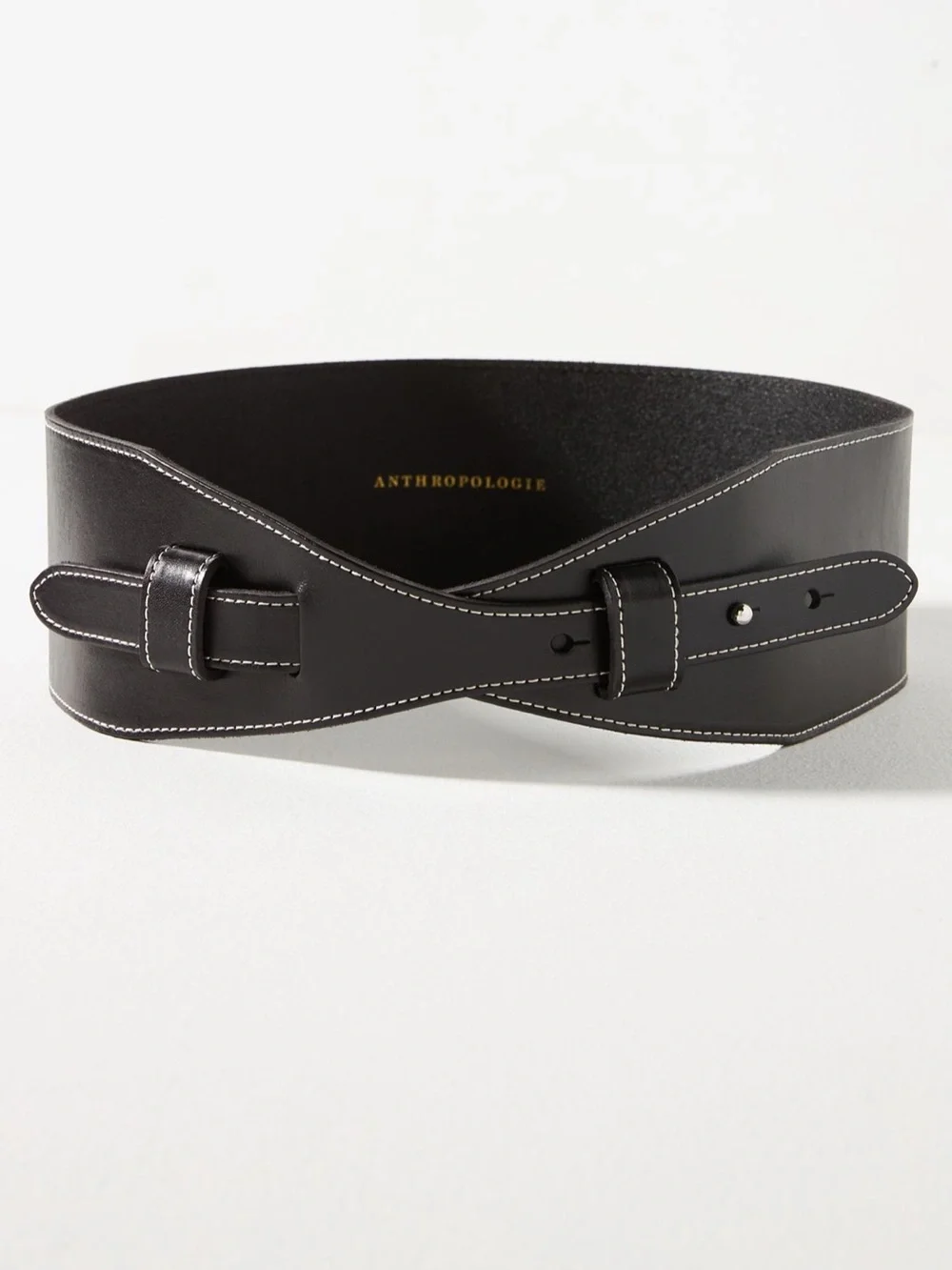 Anthropologie Black Wide Leather Waist Cinch Belt with Contrast Stitching